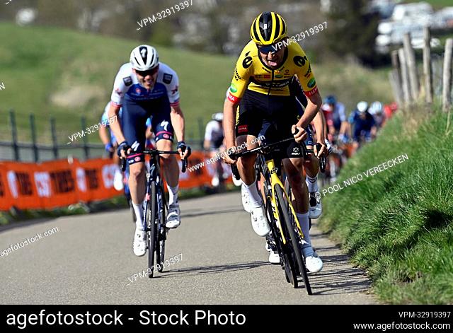 Belgian Tiesj Benoot of Jumbo-Visma pictured in action during the men elite 'Amstel Gold Race' one day cycling race, 254, 1 km from Maastricht to Valkenburg