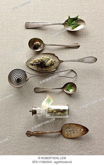 Vintage Silverware with Marijuana Leaves and Buds