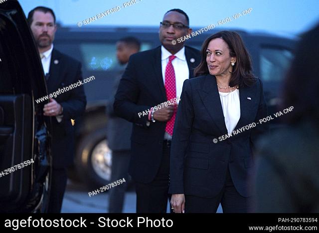 United States Vice President Kamala Harris walks across the tarmac at the Columbia Metropolitan Airport in Columbia, South Carolina after addressing the South...