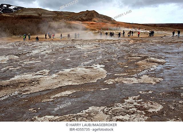 Hot springs, high temperature area in the valley Haukadalur, mineral deposits, tourist attractions, Golden Circle Route, Iceland