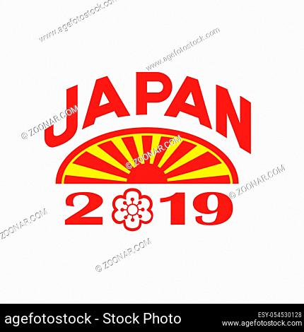 Icon retro style illustration of a rising sun set inside oval with words Japan 2019 on isolated background
