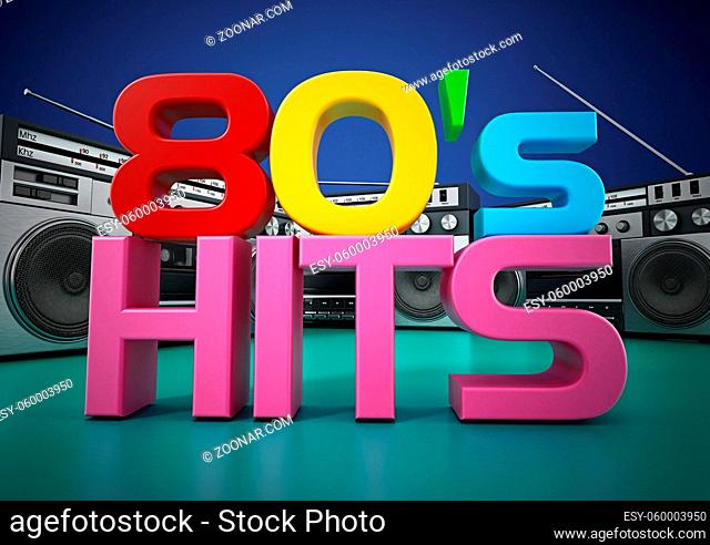 Vintage cassette player and 80's hits text. 3D illustration