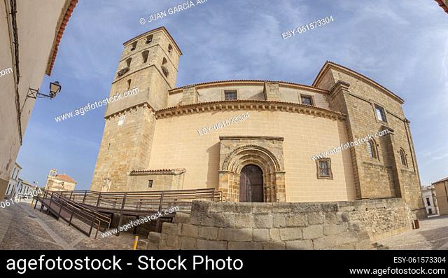 Church of Santa Maria de Almocovar, Alcantara, Caceres, Extremadura, Spain. Wide angle view