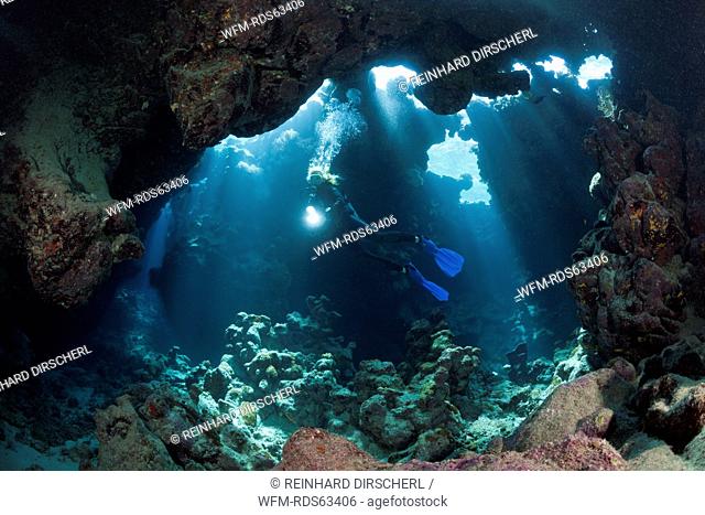 Scuba Diver inside Cave, Cave Reef, Red Sea, Egypt