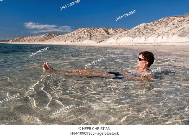 , Beach, Ventana Bay, El Sargento, Sea of Cortez, Baja California, Sur, Mexico, Beach, clear water, Woman, swimming, bathing, relaxing, desert, sunshine
