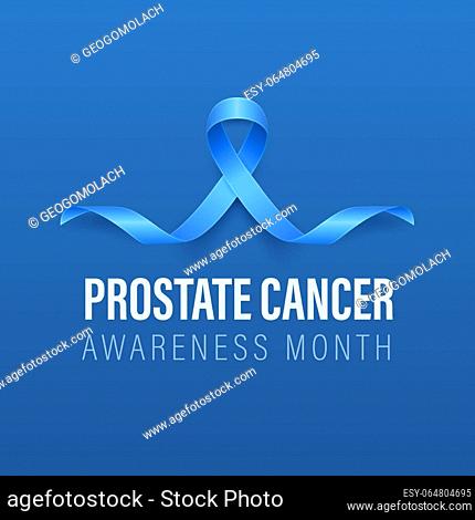 Prostate Cancer Banner, Card, Placard with Vector 3d Realistic Blue Ribbon on Blue Background. Prostate Cancer Awareness Month Symbol Closeup, September