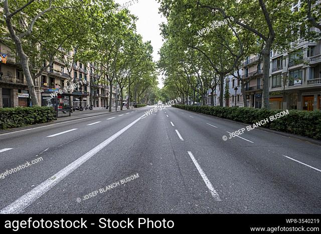 Gran Via Corts Catalanes de Barcelona without traffic during Covid-19 lockdown