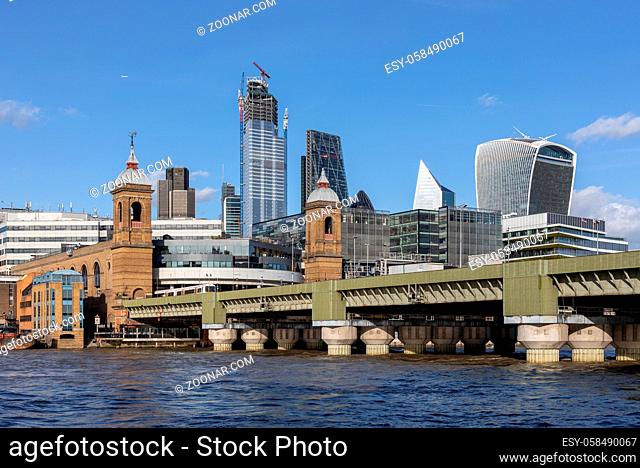 LONDON, UK - MARCH 11 : View along the River Thames towards the City of London on March 11, 2019