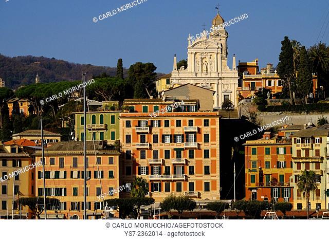 Buildings on the sea front and San Giacomo church in the background, Santa Margherita Ligure, Genova, Liguria, Italy, Europe