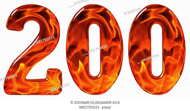 200, two hundred, numeral, imitation glass and a blazing fire, isolated on white background