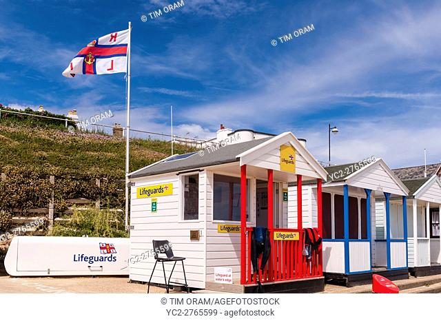 The Lifeguards beach hut in Southwold , Suffolk , England , Britain , Uk