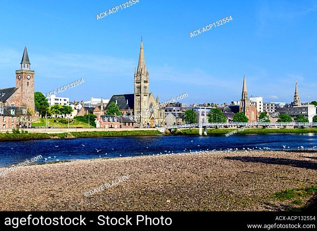 These four landmarks along the River Ness in Inverness, Scotland are from left to right; the Old High Church, the Free North Church