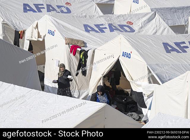 12 February 2023, Turkey, Kahramanmaras: A tent camp for earthquake victims has been set up in the stadium of the provincial capital with tents from the Turkish...