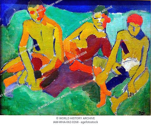 Painting titled 'Three People sitting on the Grass' by André Derain (1880-1954) French artist, painter, sculptor and co-founder of Fauvism with Henri Matisse