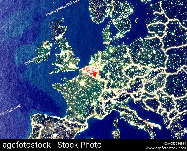 Belgium from space on Earth at night. Very fine detail of the plastic planet surface with bright city lights. 3D illustration