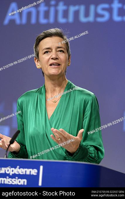 08 July 2021, Belgium, Brüssel: European Commission Vice-President for One Europe Margrethe Vestager speaks to the media in the press room of the EU Commission
