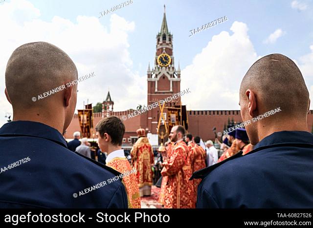 RUSSIA, MOSCOW - AUGUST 2, 2023: Russian Orthodox clergymen and Airborne Forces servicemen take part in a religious procession from the Prophet Elijah's Church...