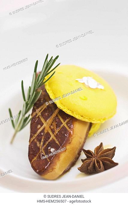 France, Var, Tourrettes, duck foie gras escalope fried confit peels with badiane and lemon macaron, Phillipe Jourdin's recipe of Faventia Restaurant of the...