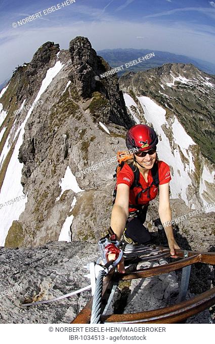 Rock climber on Hindelanger climbing route, Oberstdorf, Allgaeu, Bavaria, Germany, Europe