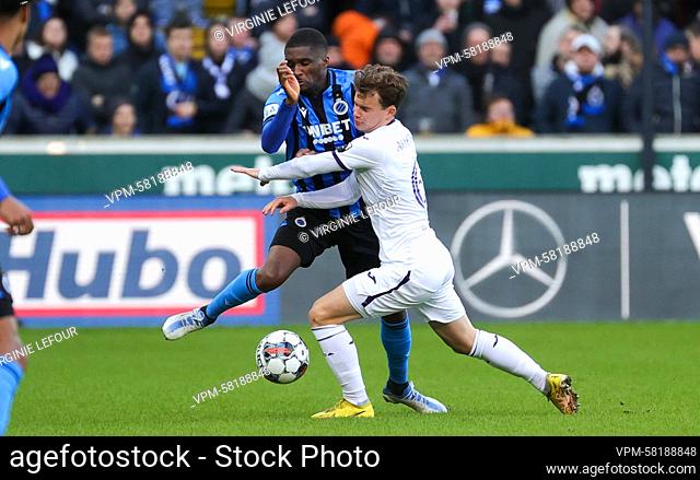 Club's Clinton Mata and Anderlecht's Frederik Kristian Arnstad fight for the ball during a soccer match between Club Brugge KV and RSC Anderlecht