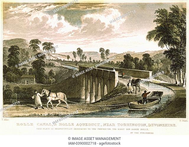 Torridge Rolle Canal: Rolle aqueduct near Torrington, Devon, England  Horses drawing tub boats  Engineer: James Green  Hand-coloured engraving after T Allom...