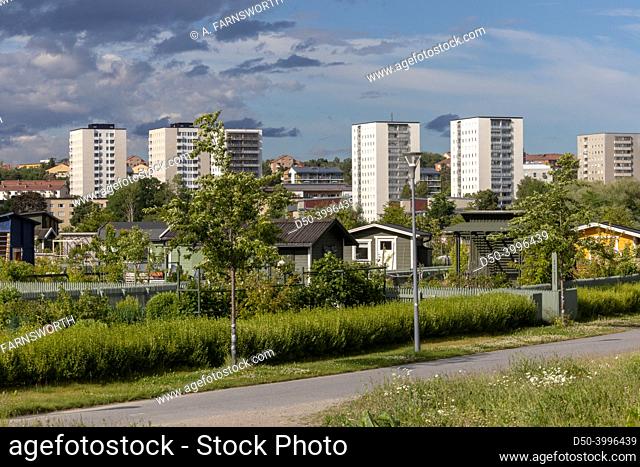 Stockholm, Sweden High- rise apartment buildings in the Arsta neighbourhood and a community garden