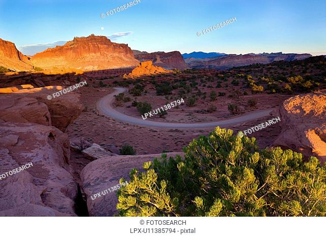 Panorama at Panorama Point, Utah, sunset light on red mountain rock, winding road, green bush in foreground, with full moon rising