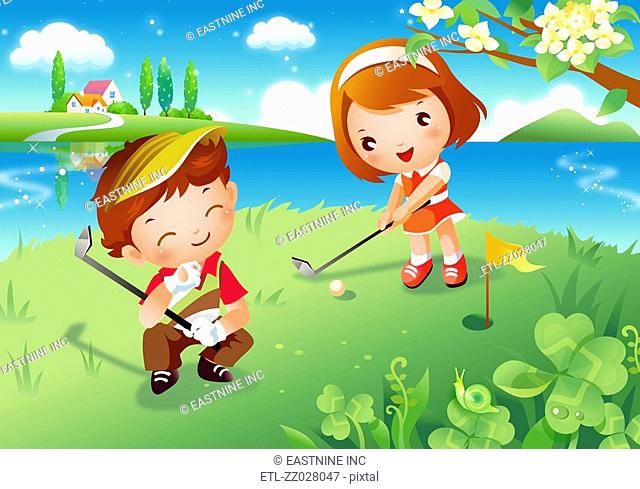 Boy and a girl playing golf