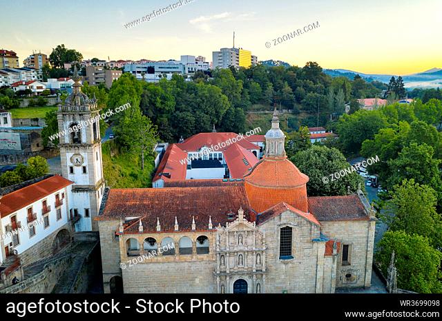 Amarante drone aerial view with beautiful church and bridge in Portugal at sunrise