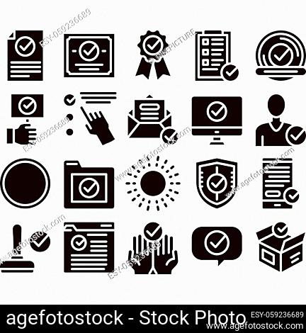 Approved Collection Elements Vector Icons Set Thin Line. Approved Sings On Document File And Hands, Computer Monitor And Smartphone Display Glyph Pictograms...