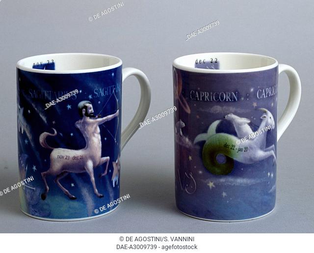 Zodiac mugs, Sagittarius and Capricornus, Rob Scotton series, ceramic, Portmeirion Potteries manufacture, Stoke-on-Trent, England, 20th century