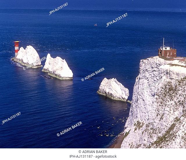 The chalk white Cliffs and Lighthouse of The Needles on the Isle of Wight