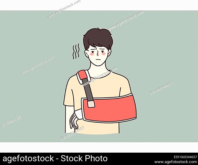 Injury and physical problem concept. Young sad frustrated man cartoon character standing with injured arm feeling unhappy vector illustration