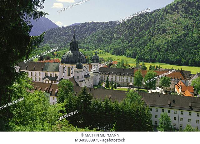 Germany, Bavaria, head bunting district,  Cloister Ettal, overview, summer  Upper Bavaria, development rock, bunting mountains,  Place of pilgrimage