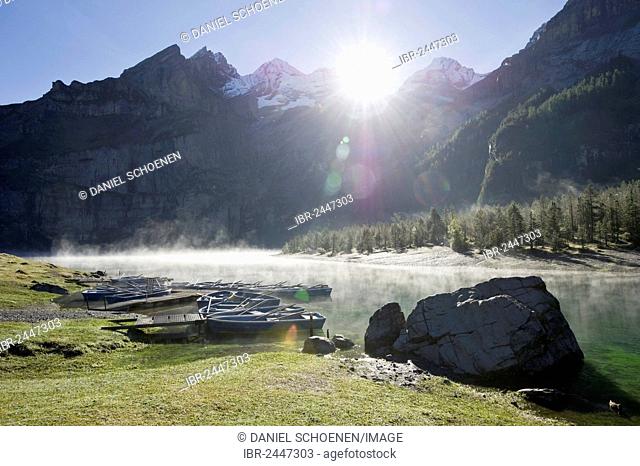 Early morning at Oeschinensee, Oeschinen Lake, Bernese Oberland, Canton of Bern, Switzerland, Europe