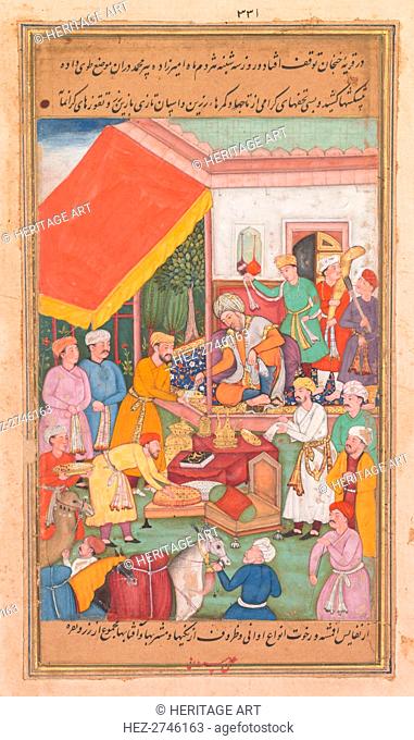 Timur distributes gifts from his grandson, the Prince of Multan, from a Zafar-nama.., 1598-1600. Creator: Shravana (Indian)