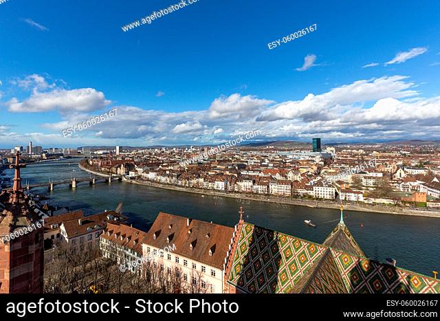 Basel, Switzerland - March 10, 2019: View over Basel from top of the Basel Minster