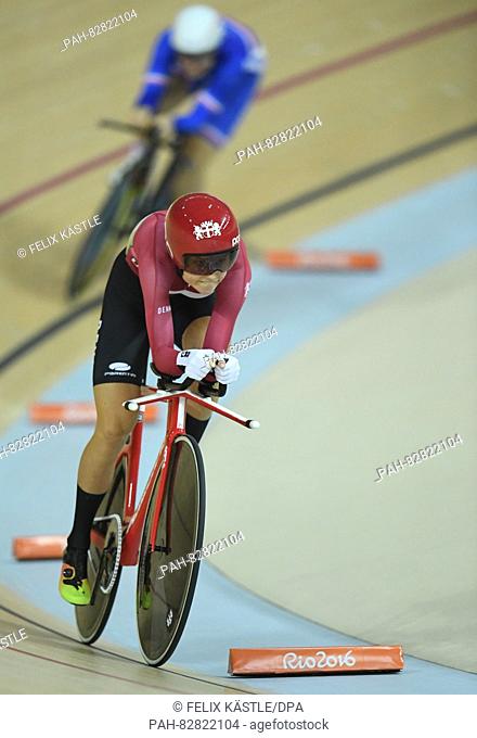 Amalie Dideriksen of Denmark in action during Women's Omnium Individual Pursuit 2\6 of the Rio 2016 Olympic Games Track Cycling events at Velodrome in Rio de...