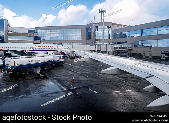 Moscow Russia 28 of Feb. 2016: Airplane under loading in an Domodedovo airport