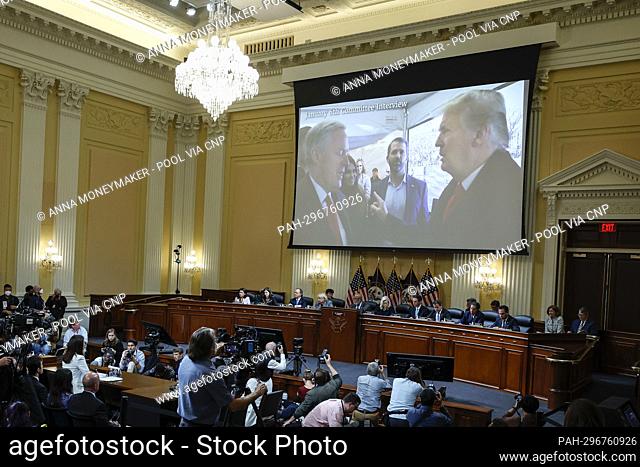 WASHINGTON, DC - JUNE 28: A image of former President Donald Trump talking to his Chief of Staff Mark Meadows is displayed as Cassidy Hutchinson