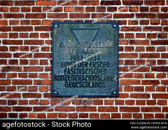08 September 2021, Brandenburg, Oranienburg: A plaque with the inscription ""One of Germany's first fascist concentration camps was located at this site from...