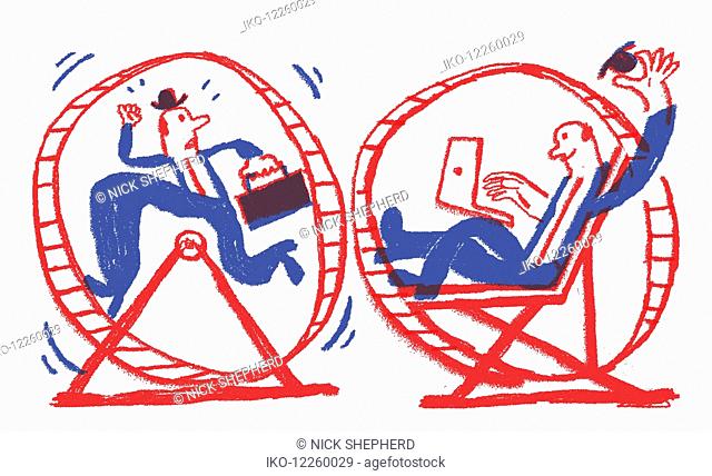 Contrast between stressed businessman running in exercise wheel and happy relaxed man using laptop computer