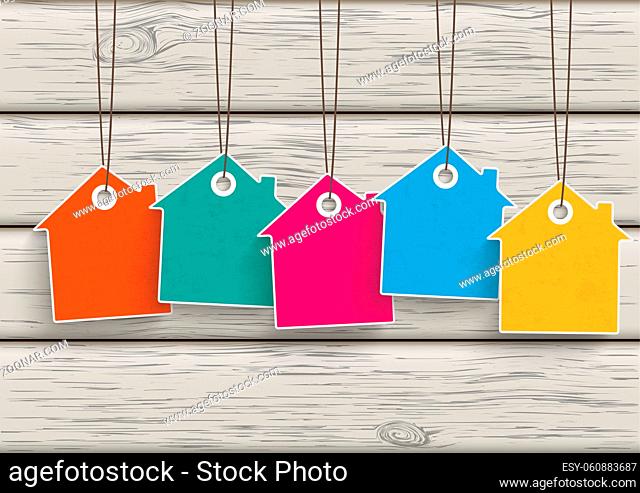 5 colored price sticker houses on the wooden background. Eps 10 vector file