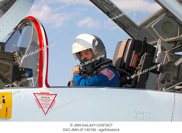 Astronaut Wendy B. Lawrence, STS-114 mission specialist, goes through a pre-flight check of the systems of a NASA T-38 trainer jet prior to a flight to Kennedy...
