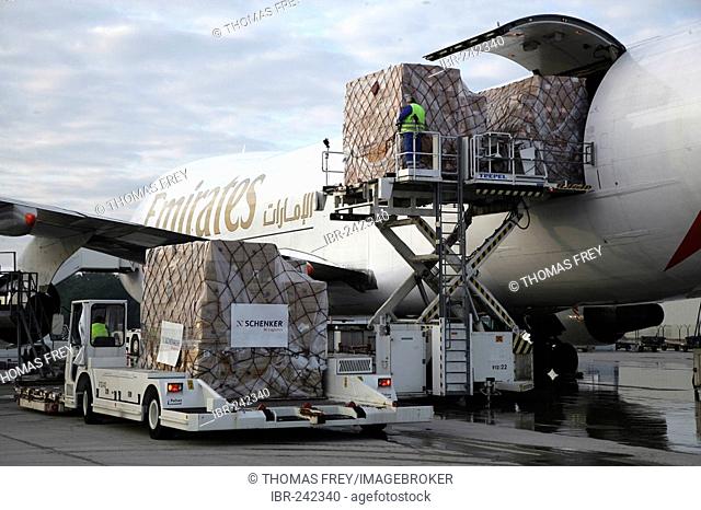 Air-freight aircraft Boeing 747 from Emirates at the Frankfurt-Hahn Airport, Rhineland-Palatinate, Germany