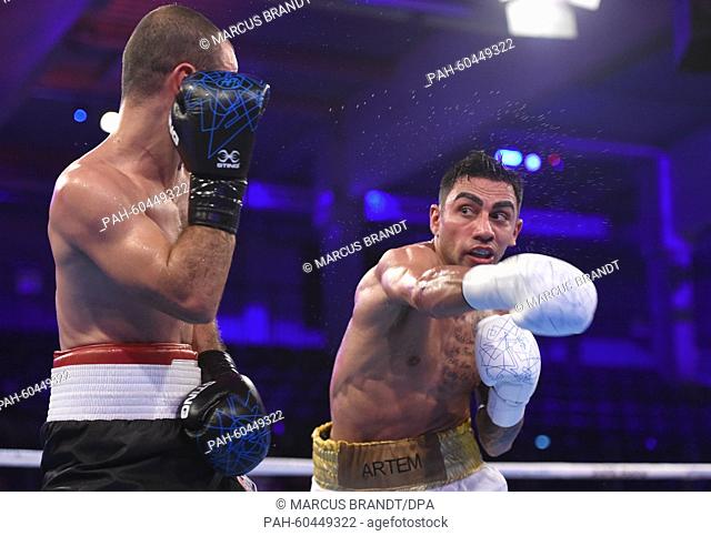 Artem Harutyunyan (r) of Germany and Abdelkader Chadi of Algeria in action during the qualification bout for the 2016 Rio Olympic Games in Hamburg, Germany