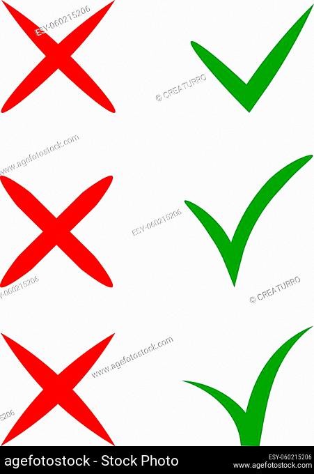 Vector stylish check marks set. Green tick and red cross in different shapes. YES or NO accept and decline symbol. Vector icons for internet buttons props or...