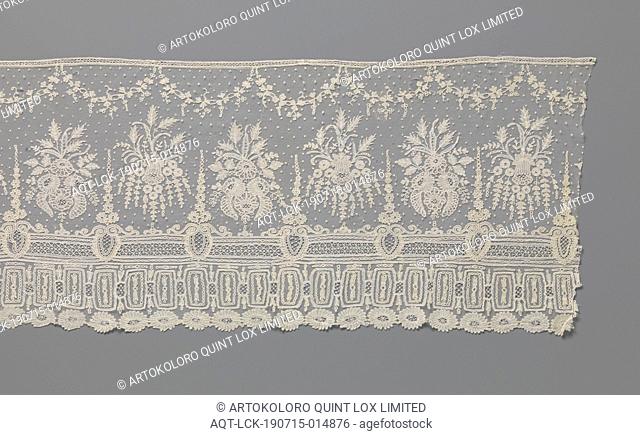 Strip of application lace with bouquets and triple ornament border, Strip of natural colored application lace: bobbin lace with needle edge details appliqued on...