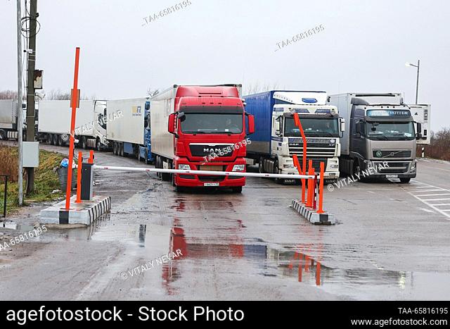 RUSSIA, CHERNYSHEVSKOYE - DECEMBER 16, 2023: Semi-trailers are seen at the Chernyshevskoye checkpoint on the Russian-Lithuanian border