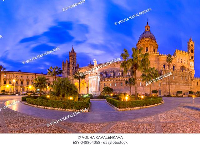 Beautiful panoramic view of Metropolitan Cathedral of the Assumption of Virgin Mary in Palermo at night, Sicily, Italy